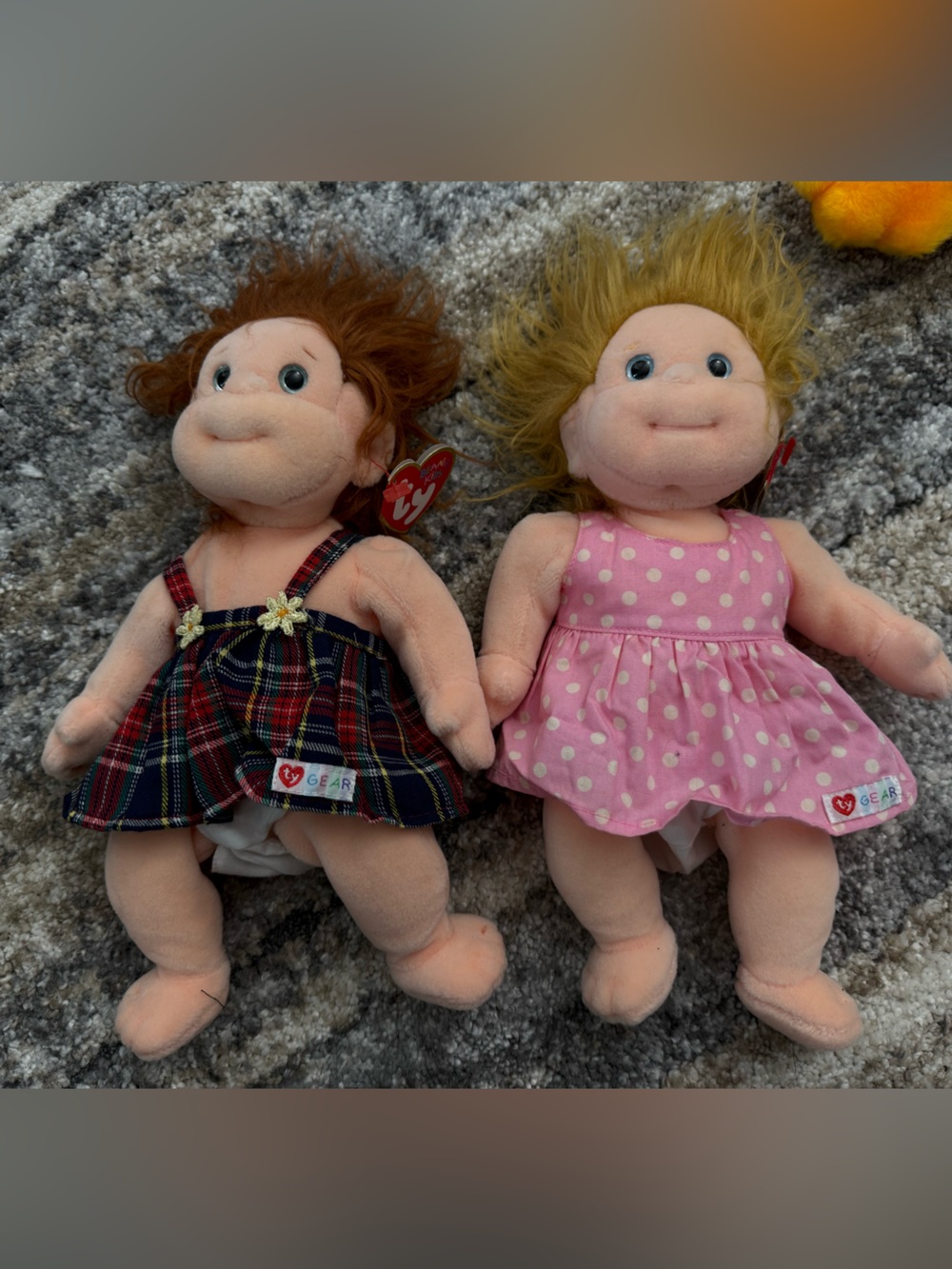 Ty Plush Doll Pair — Pink Polka Dot & Tartan Plaid Outfits